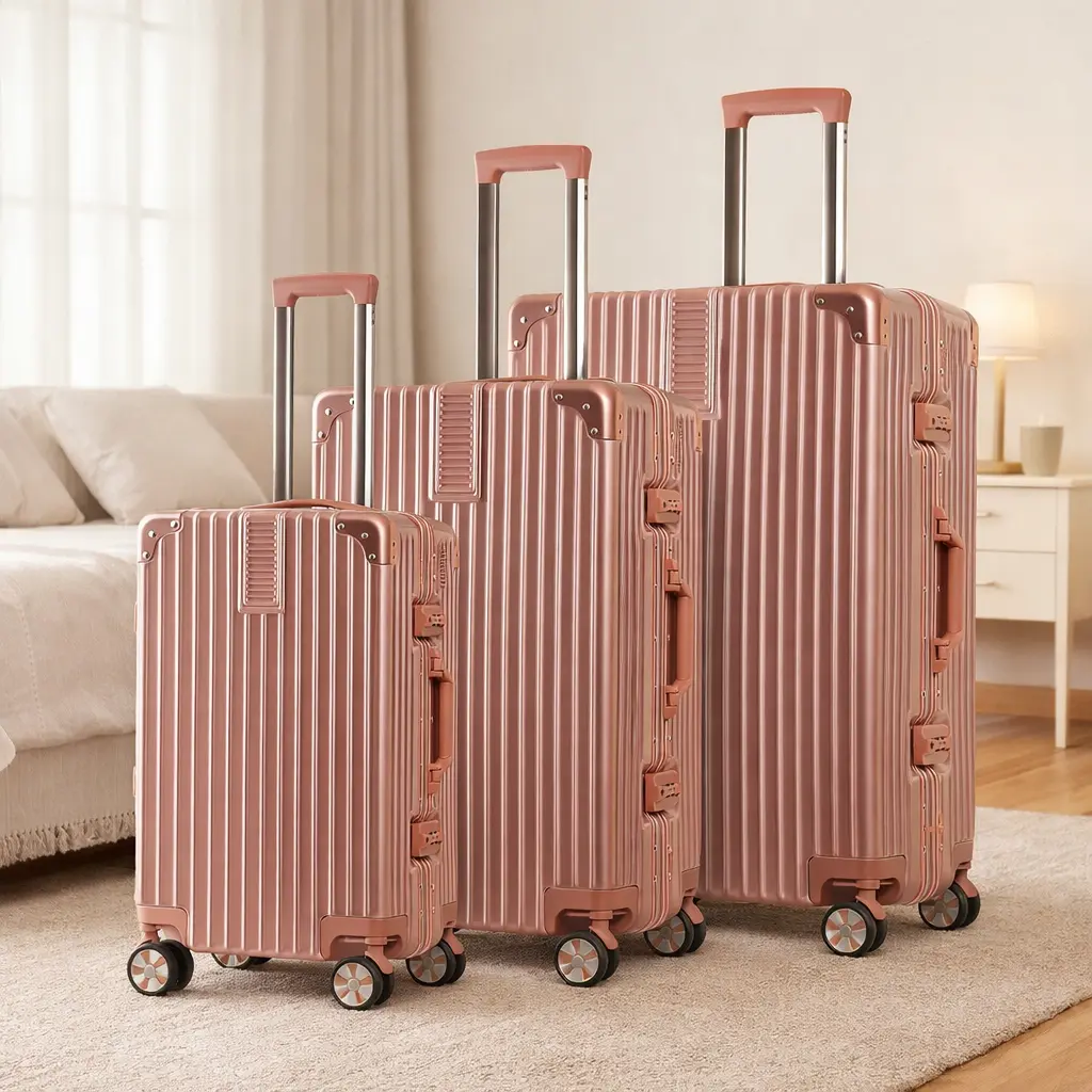 Gold Hardshell Aluminum-Alloy Frame Zipperless Luggage Set - 3-Piece Modern Family Travel Collection (20"/24"/28") with 20-Inch Carryon Luggage with Wheels, Secure Locks for Business & Leisure Trips shipping sohochic