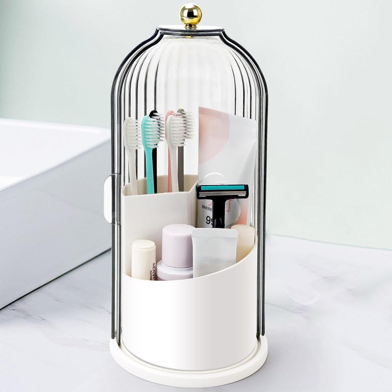 TikTok Viral Bathroom Organizer with Sliding Lid Christmas Gift Idea,Rotating Toothbrush Holder with Sliding Lid 3 Slots,Bathroom Counter Organizer for Makeup Brushes and Toothbrush,No-Drill Bathroom Storage,Water-Resistant Organizer,Home Must-Haves,White