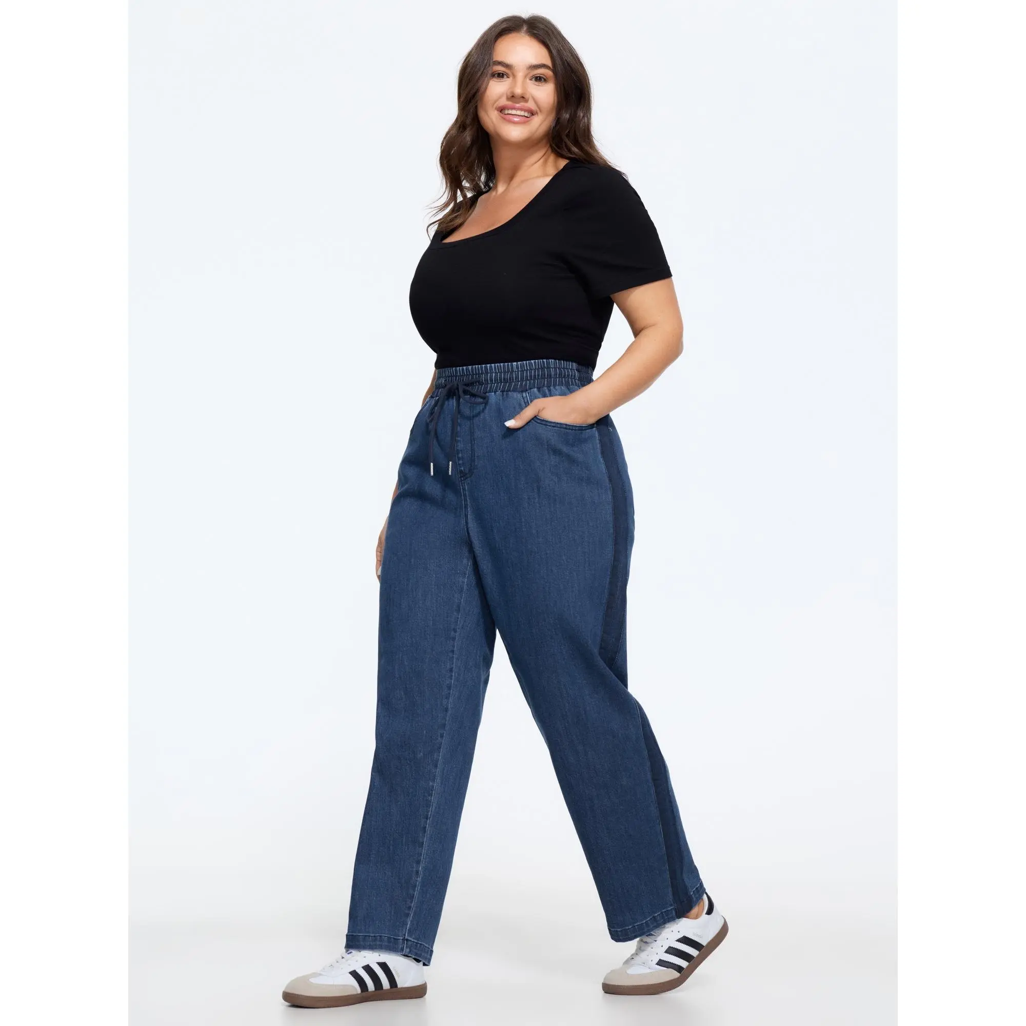 BloomChic Stretch Drawstring Waist Pocket Straight Leg Jeans 【M-6XL】