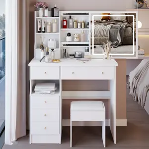 37" Vanity Table with Touch Control LED Mirror & Left Drawer, Large Sliding Dressing Table Set with Cushioned Stool, Tri-Color & Brightness Adjustable, High Capacity Storage for Large Space