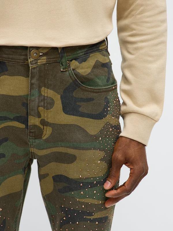 Stacked Skinny Flare Be Jeweled Camo Pants - Camouflage