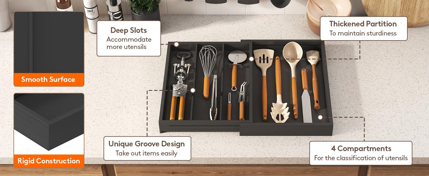 Lifewit 4 Compartments Bamboo Utensil Drawer Organizer, Expendable Cooking Silverware Tray for Kitchen Drawer