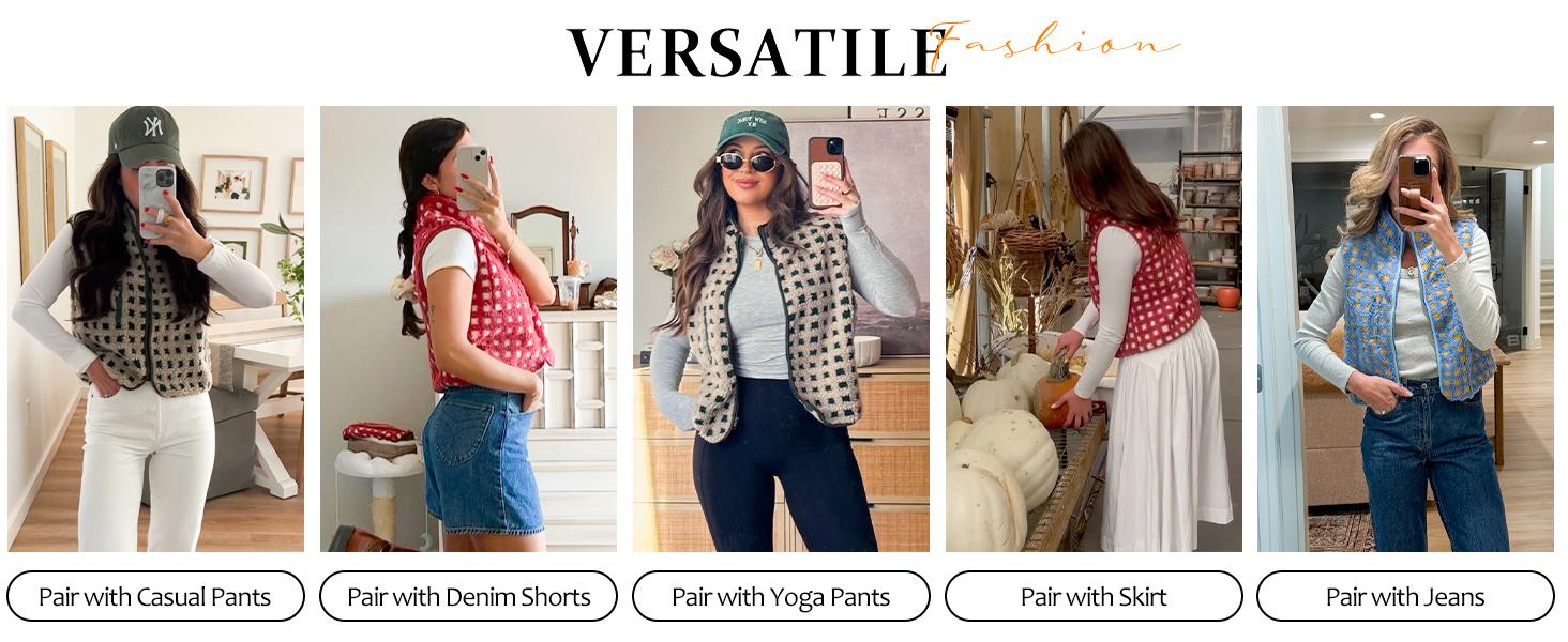 Kingapril Women's Checkered Sherpa Vest Sleeveless Fleece Jacket High Neck Zip Up Plaid Gilet with Chest Pocket Casual Autumn Fall Layering Tops Womenswear Spring