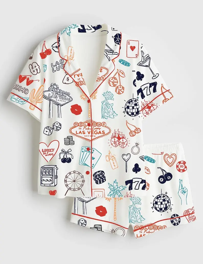 Las Vegas Wedding Casino Party Short Sleeve Satin Pajama Set, Family Pajamas Satin Set, Gift For Wedding Casino, Christmas Shirt Las Vegas