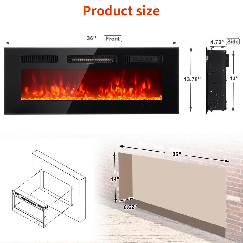 oneinmil DIY Electric Fireplace Insert，1500W Wall Mounted & Recessed Fireplace, Freestanding Fireplace Heater with Remote & Touch Panel Control,Adjustable Flame Effect, 8H Timer for Indoor use （TV STAND NOT INCLUDED）