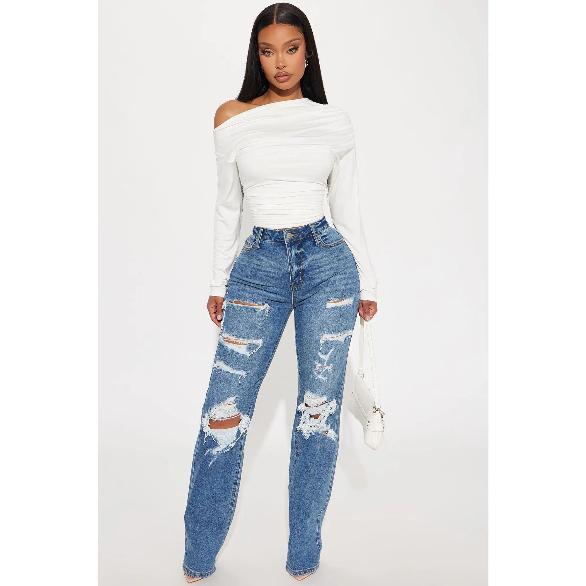 Posted Stretch Ripped Straight Leg Jeans - Medium Wash