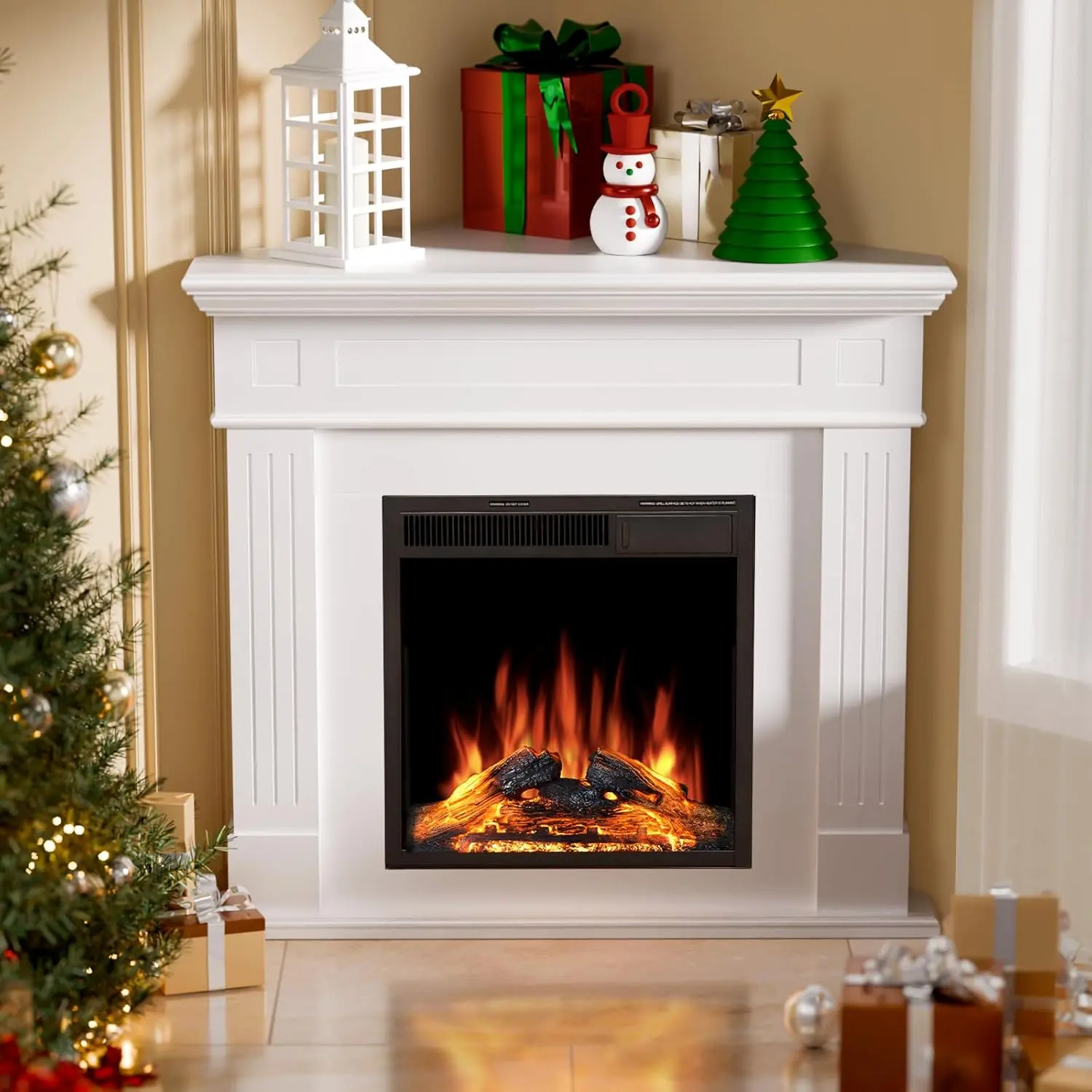 R.W.FLAME New Corner Electric Fireplace with Mantel - Home TV Stand Heater, 750W-1500W Heat + Light, Luminous LED Light, Silent Operation, Remote Control, 7 Optional Brightness for Living Room, Bedroom (Yes/No Function Included)