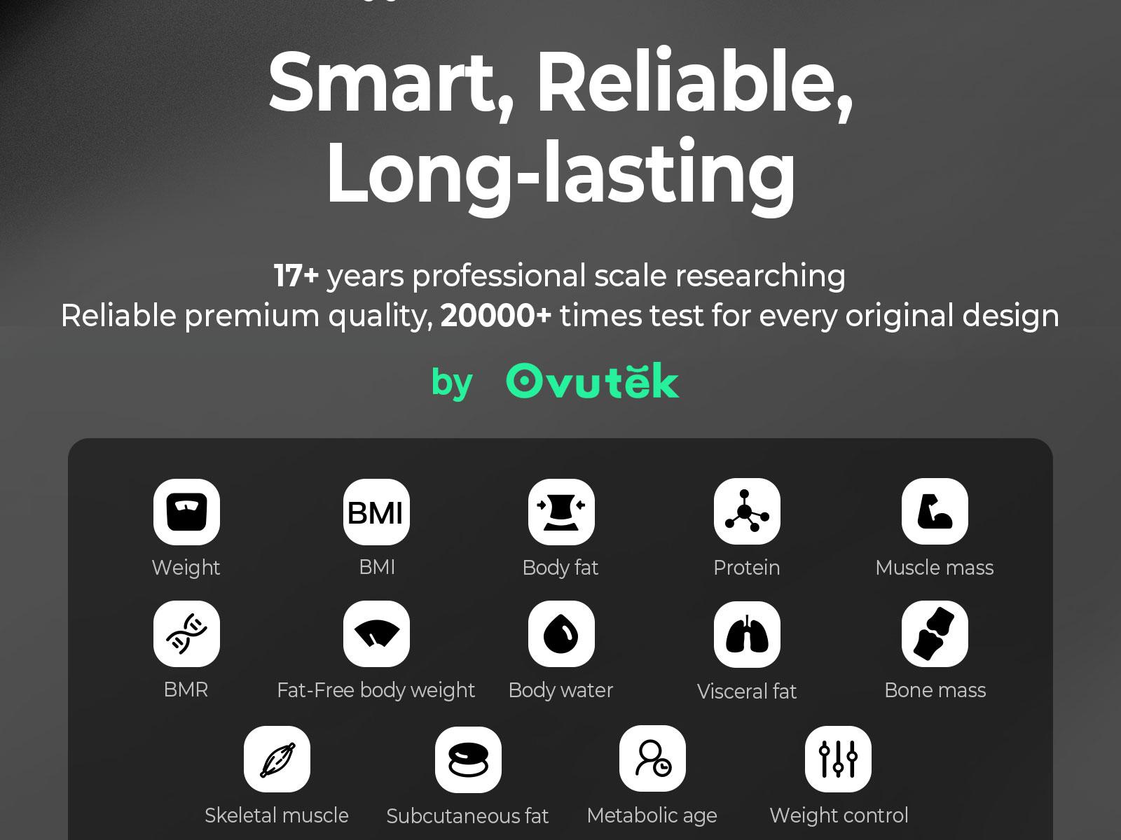 OVUTEK Smart Scale for Body Weight, Black, Digital Bathroom Scale BMI Weighing Body Fat Scale, Accurate Body Composition Scale Monitor for People's Health with Smartphone App, Compact Size, 400lb