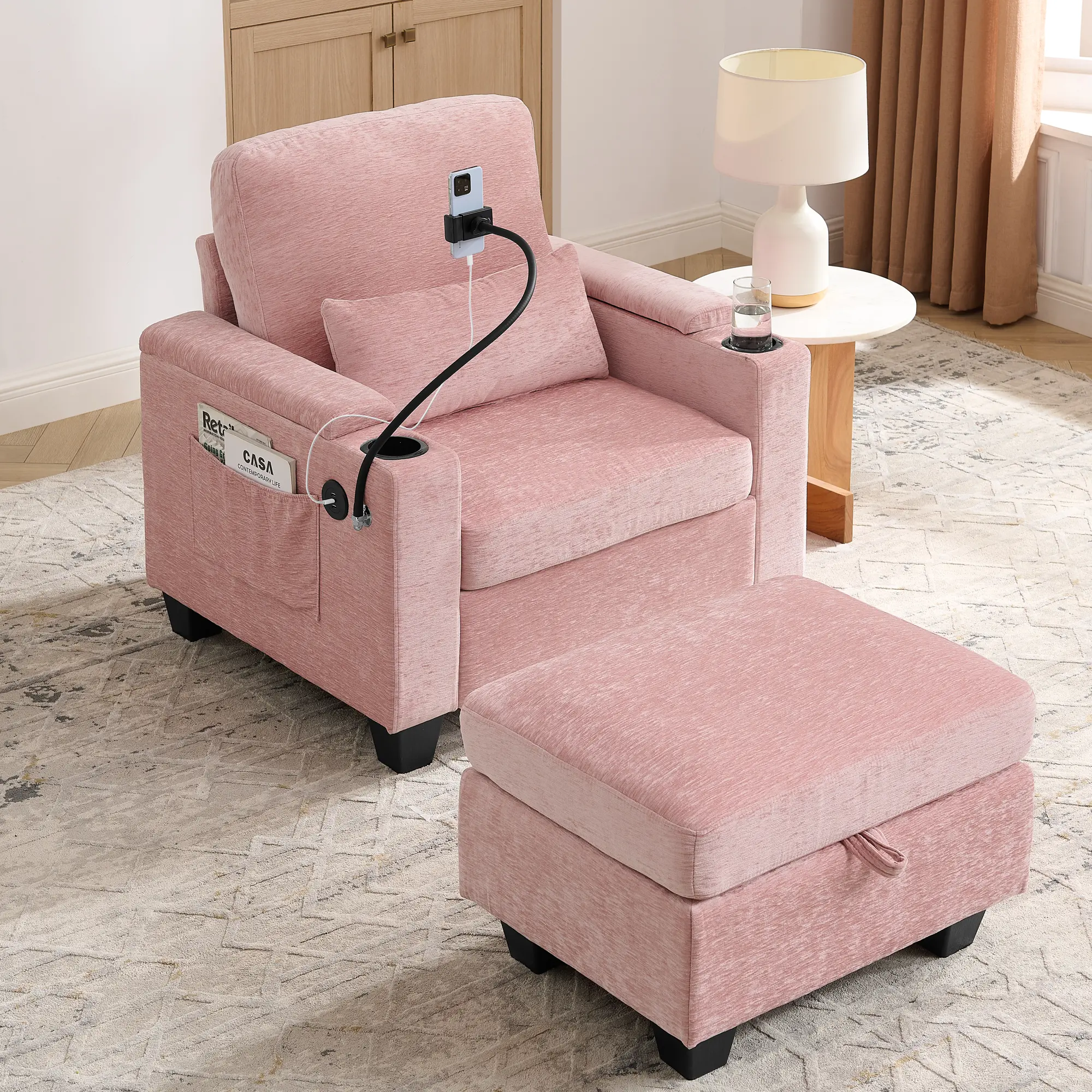 Ergonomic Pink 3-in-1 Swivel Recliner Glider Chair with Armrest - Manual Adjustable Backrest, USB Charging Port, Phone Stand, Dual Hidden Storage, Matching Storage Ottoman, Assembly Required (Indoor Furniture)