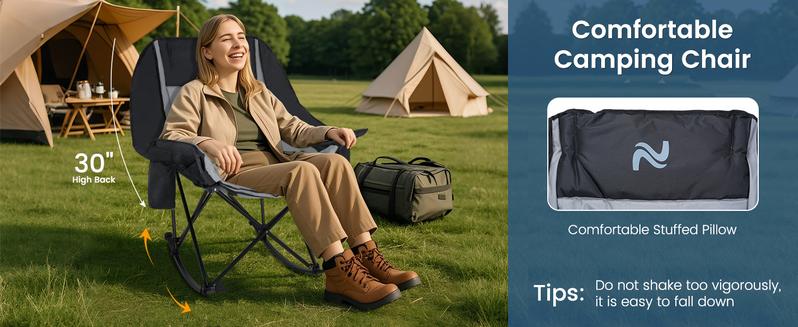 MOPHOTO Rocking Camping Chair,XXL Oversized Folding Fully Padded Outdoor Lawn Chair with Side Pocket,Portable Recliner for Patio, Backyard, Supports 400 lbs