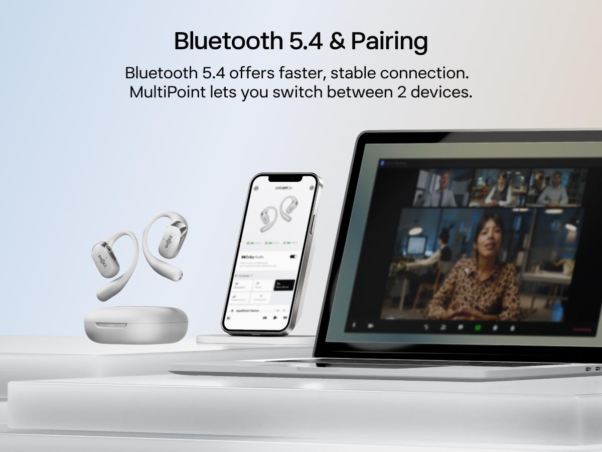 SHOKZ New OpenFit 2+ Open-Ear Headphones, Dolby Audio Enabled, Comfortable Earbuds with Soft Ear Hooks, 48H Playtime, IP55 Water-Resistant, USB-C Fast Charging, Wireless Charging