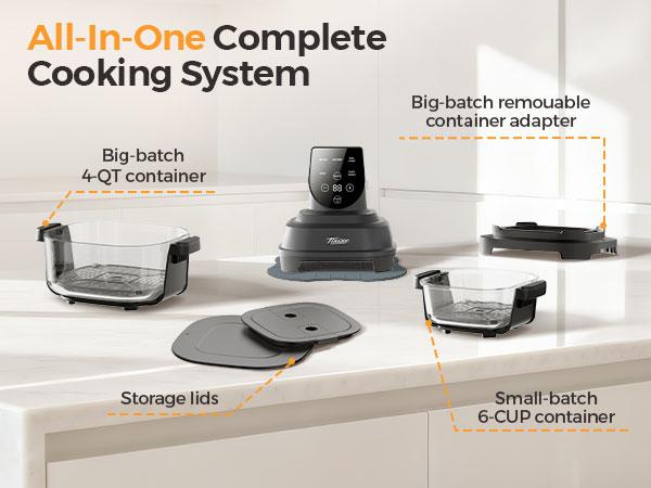 1500W 5-in-1 Glass Air Fryer Non-Toxic - 4Qt Pot+6Cup Container with Lid & Dust Cover, Portable Smart Kitchen Appliance Silicone Pad Included