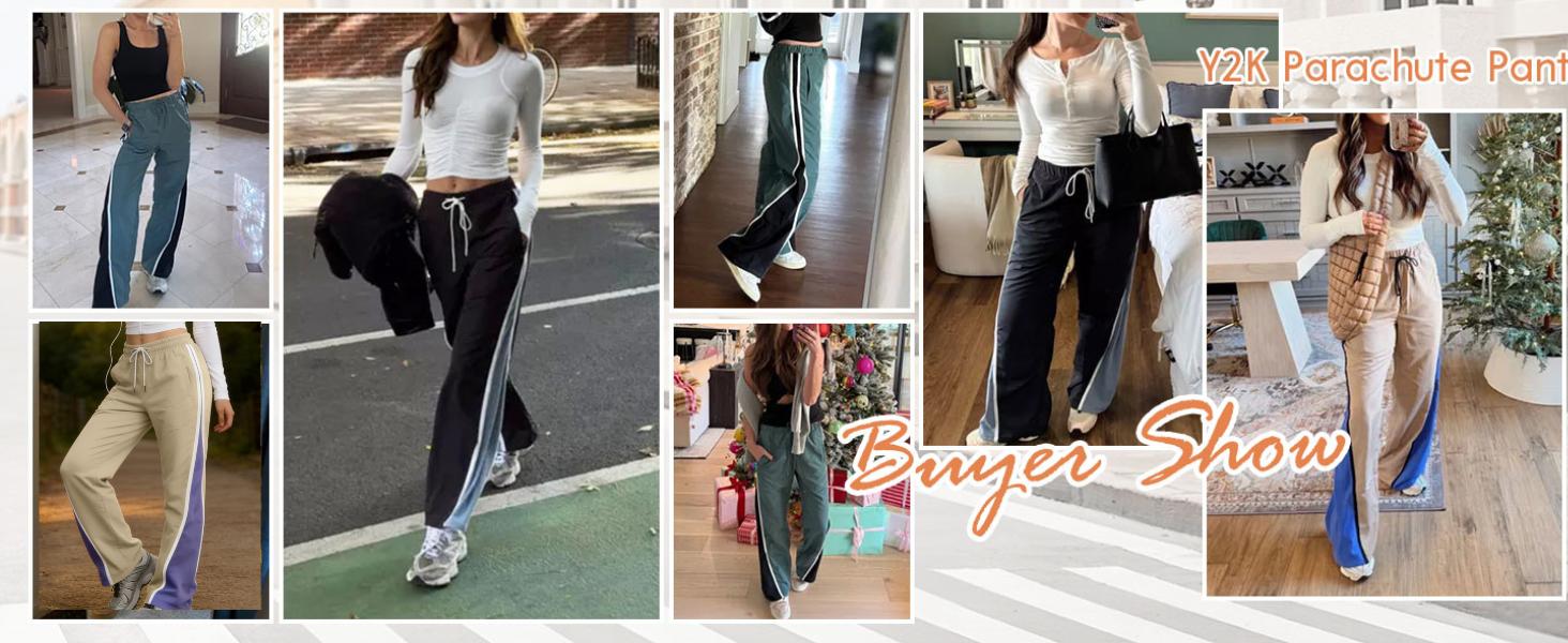 YeeZaa Stripe Track Pants for Women Retro Athletic Wide Leg Pants High Rise Drawstring Waist Color Block Street to Gym Versatile Styling TikTok Viral Fashion All Season Everyday Streetwear