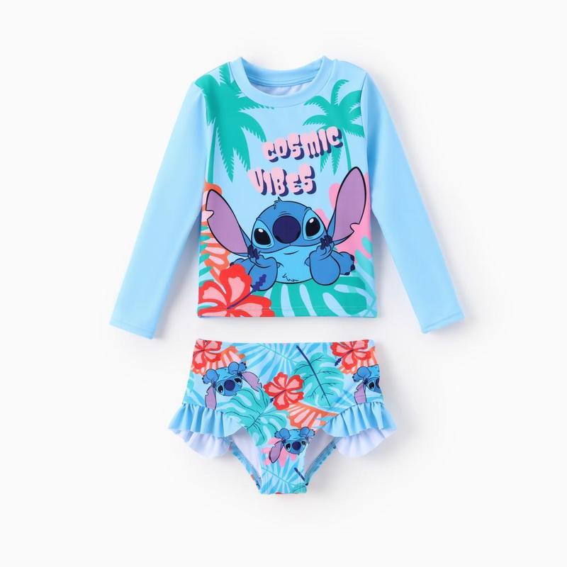 Disney Stitch & Angel Girls' 2-Piece Swimwear Bundle - Tropical Print UV Protection Round Neck Hip-Length Rash Guard & Ruffle Swim Shorts Set, Official Toddler Swimwear with Stitch Graphic