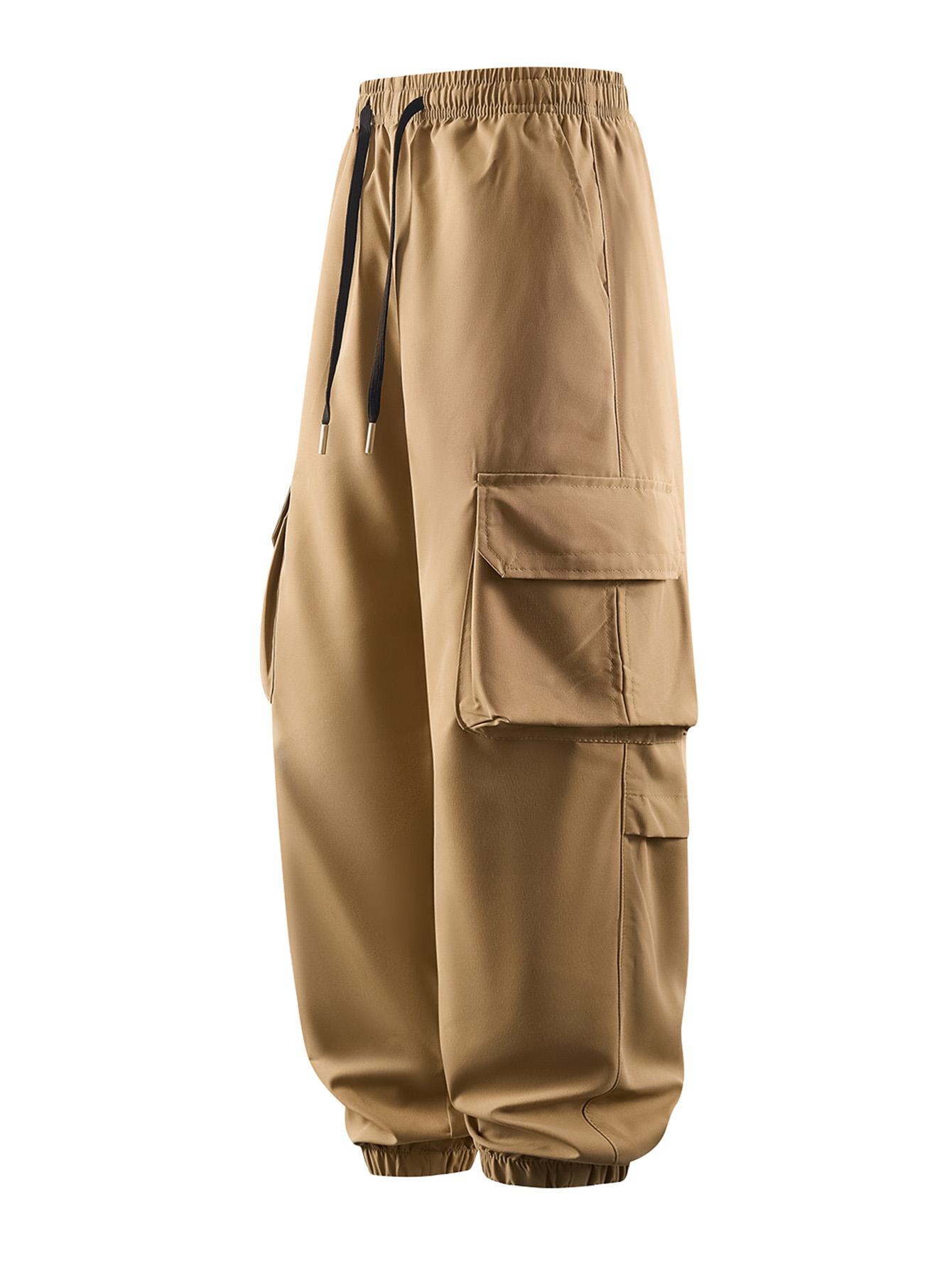 CCCMAI Men's Plain Drawstring Waist Cargo Pants, Casual Pocket Design Trousers for Daily Wear, Streetwear Men's Bottoms for All Seasons Menswear