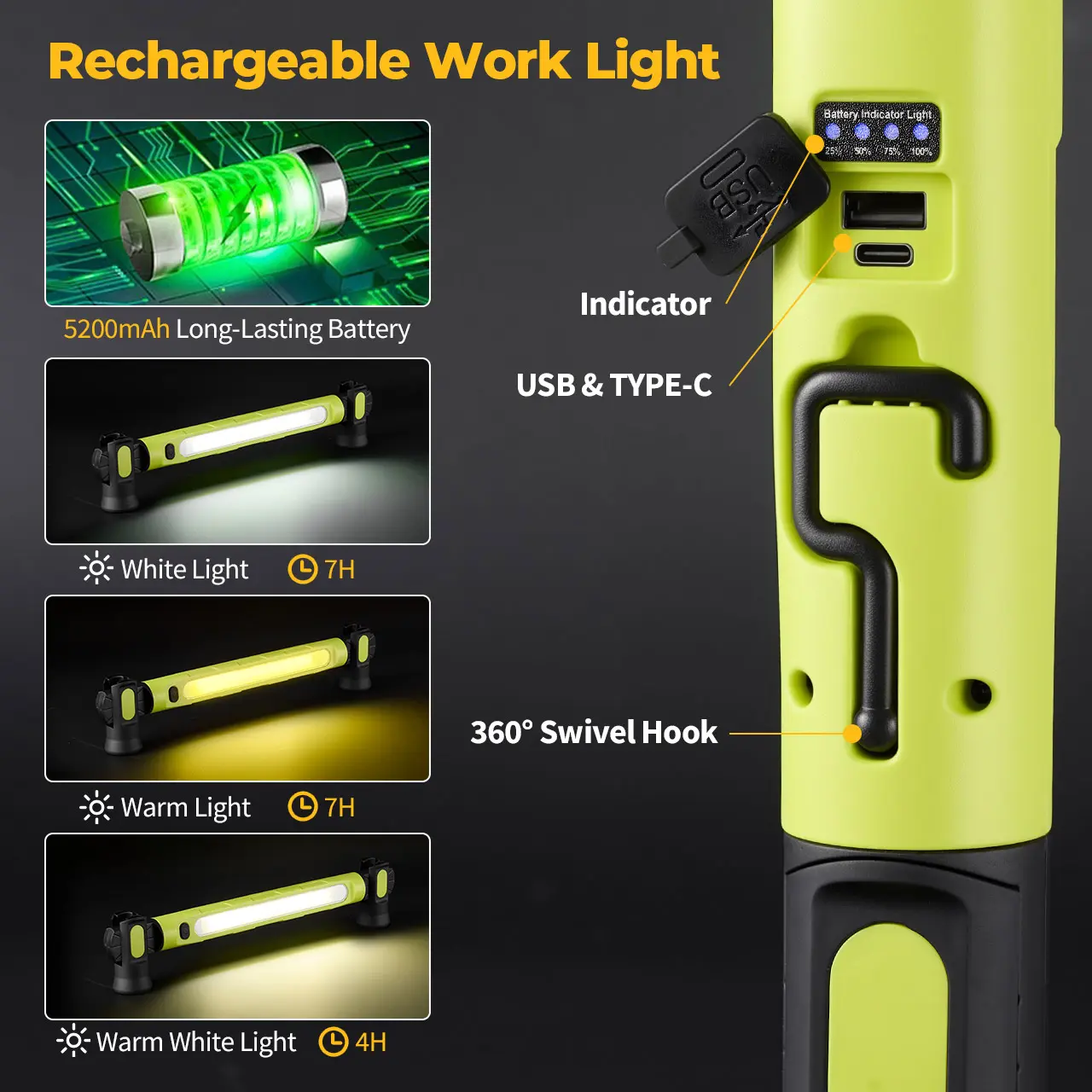 【FathersDayGift】BougeRV Under Hood Work Light Bar, 3000LM LED Magnetic Light Bar with Hooks, 5200mAh Cordless Rechargeable Hood Light, Single Pack, Ideal for Mechanic, Car Repair & Garage Use