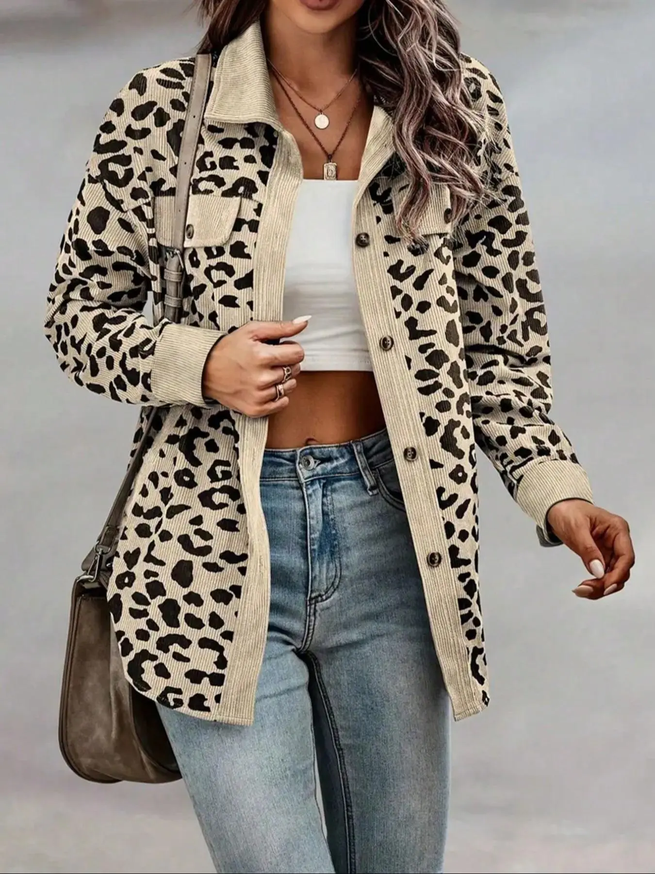 Women's Leopard Print Button Front Drop Shoulder Shirt Coat, Casual Long Sleeve Collared Pocket Blouse for Daily Wear, Ladies Clothes for All Seasons, Womenswear