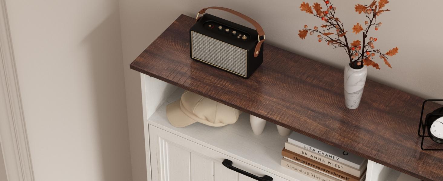 PieDle Shoe Storage Cabinet with 2-4 Flip Drawers, 24" W Farmhouse Modern Hidden Shoes Rack with Adjustable Shelves & Open Storage, Narrow Slim Shoe Organizer for Front Door Entrance, Entryway