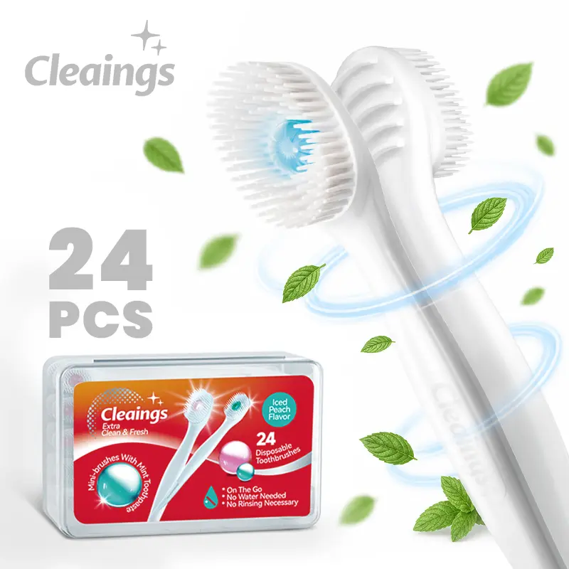 Cleaings 4-in-1 Disposable Mini Toothbrushes with Mint Burst-Bead, Waterless & Rinse-Free Dental Cleaning Brush for Travel, 24 Count Oral Care Pack, Oral Care Supplies, Dental Cleaning Toothbrushes, Mouth Care, Tongue Scraper