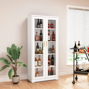 【 DealsforYouDays 】71“ Inch Steel Framed Lockable Glass Display Cabinet,5 Adjustable Shelves Freestanding Storage Cupboard,Dustproof Organizer for Collectibles Books Wine Home Kitchen Collectors