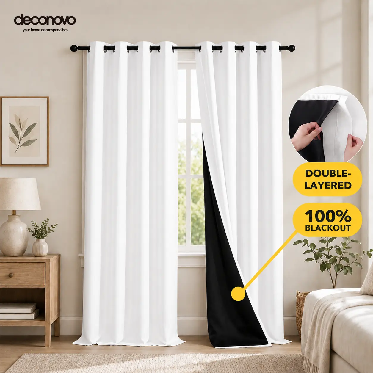 Deconovo 100% Blackout Liner Drapes (2 Panels) - Thermal Insulated, Soundproof, Heavy-Duty Curtains for Bedroom, Linen-Linen Window Treatments, Living Room Home Accessory,back to school,dorm essentials,home decor,home essentials