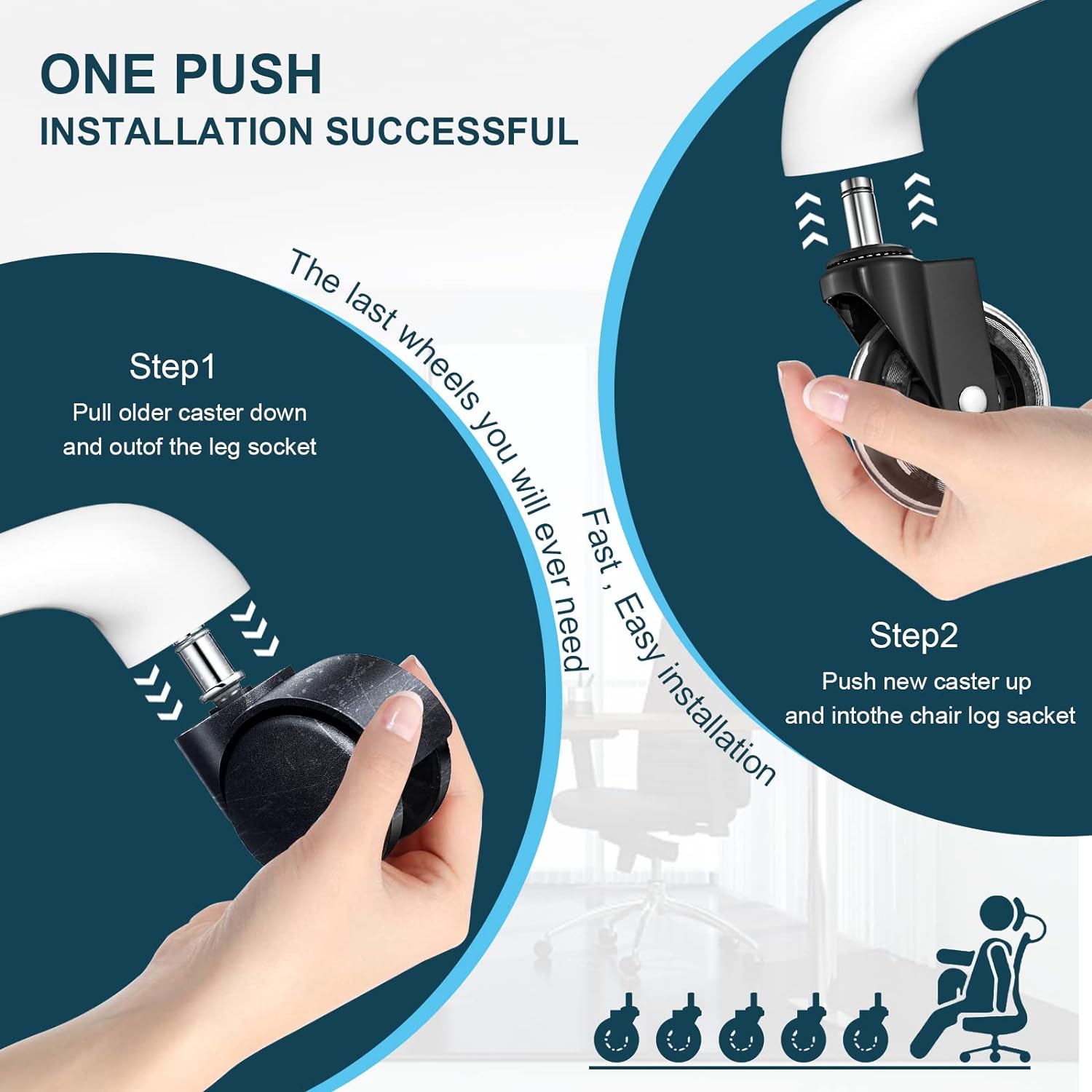 Office Chair Wheels Replacement Rubber Caster Set of 5 for Hardwood Floors & Carpet 3" Rollerblade Heavy Duty Casters Universal Fit Smooth Rolling Protect Flooring