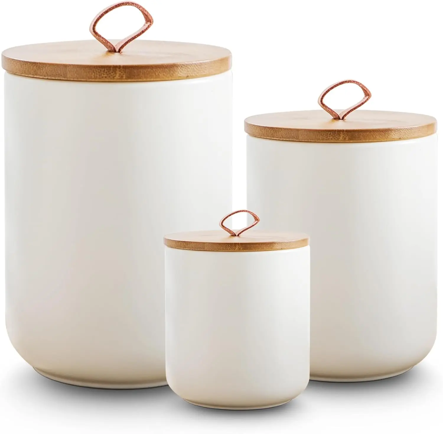 Stackable Reusable Airtight Ceramic Kitchen Canister Sets with Sturdy Wooden Lids - 12oz Leakproof Multifunctional Preserving Boxes, Farmhouse Look, Fits Coffee Bags, Countertop Storage, Thoughtful Mother's Day Gift (White), Food Storage