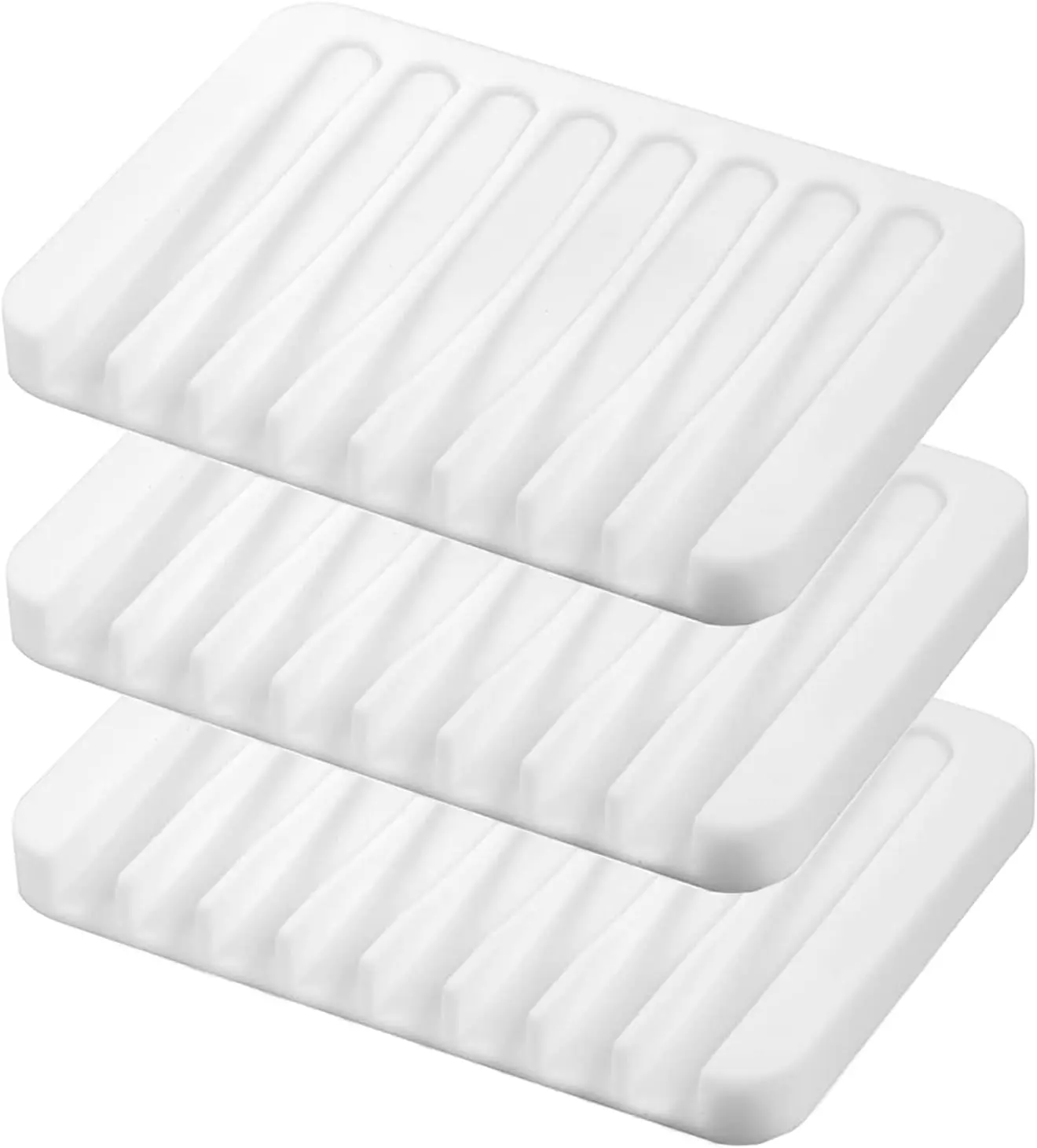 Self Draining Soap Dishes, 3 Pcs Silicone Soap Saver, Waterfall Drainer Soap Holder for Bathroom, Extend Soap Life, Keep Soap Bars Dry Clean & Easy Cleaning (White, Gray, Teal)
