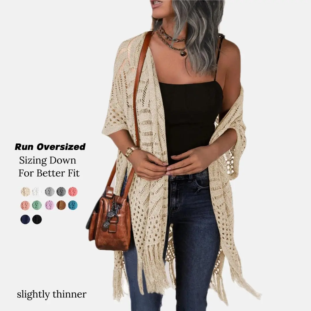 Womens Knit Cardigan Oversized Open Front Outwear Summer Hollow Out Crochet Tassel Lightweight Kimonos Sweater Outdoorfun 2026 Womenswear Overall Style Knitwear Piece Tops thin summerwins,back to school