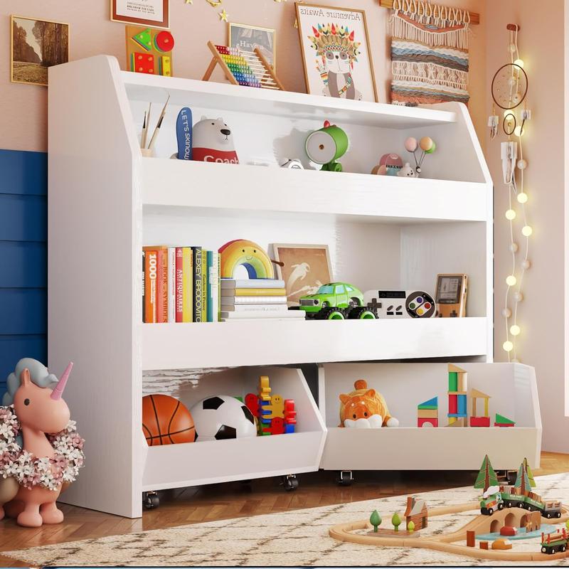 COZPAW Kids Bookshelf and Toy Storage, 4 Tier Toddler Bookshelf with Movable Drawer 5 Sling Pockets, Montessori Book Shelf for Kids Room, Playroom, Nursery (Oak)