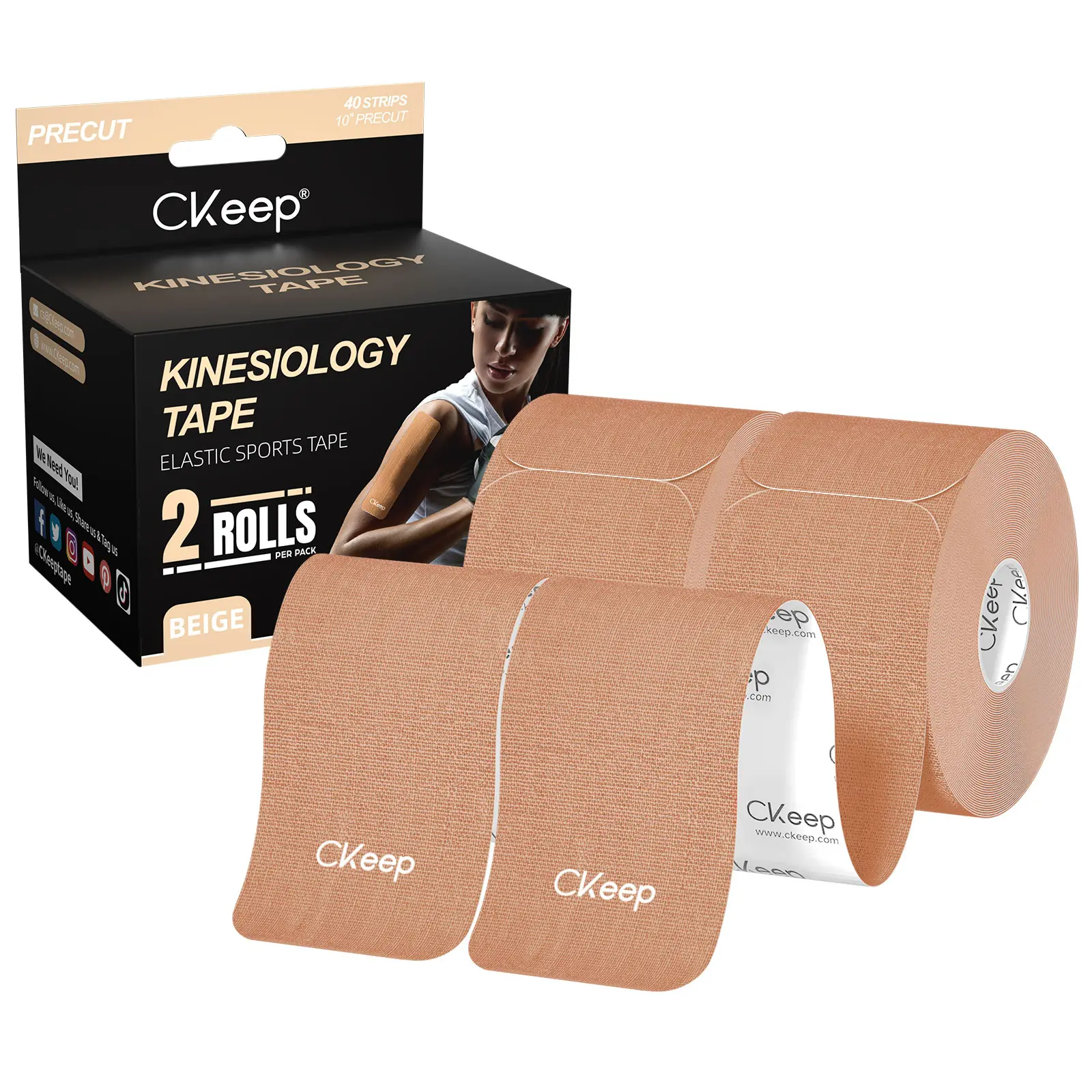 Ckeep Precut Kinesiology Tape - 2 Rolls Original Cotton, Latex-Free Athletic Breathable Sports Tape for Adults' Joint Pain, Weight Training, Knee Injuries (Beige), Athletic Sports Tape, Precut Rolls