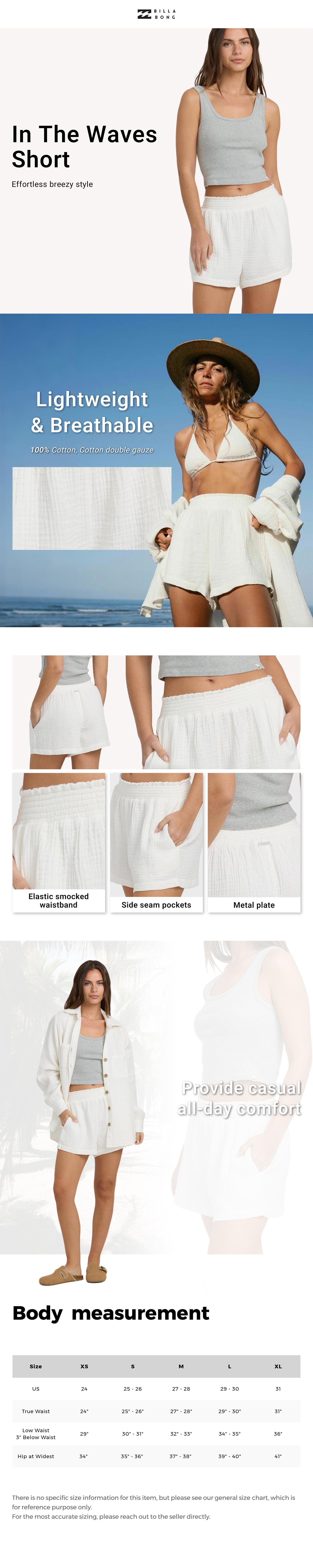 Billabong Women's In The Waves Short, 100% Cotton, Regular Fit, Elastic Smocked Waistband, Side Seam Pockets