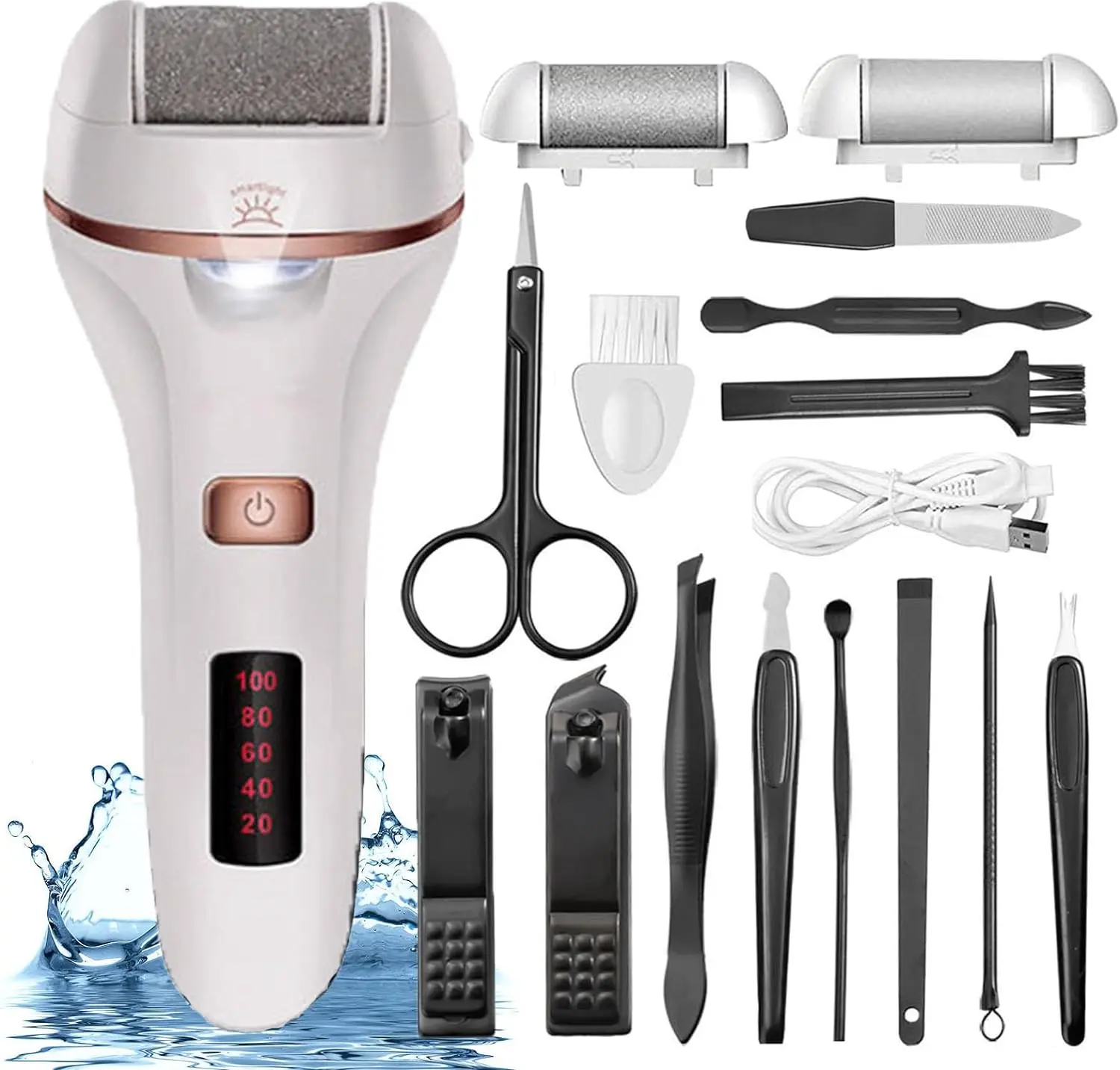 Rechargeable Electric Foot Callus Remover - Gentle Foot Care Routine Pedicure Tool with 2-Speed Settings, LED Light, Battery Display for Dry, Rough Skin, Ideal Gift for Manicure-Nails Set Needs