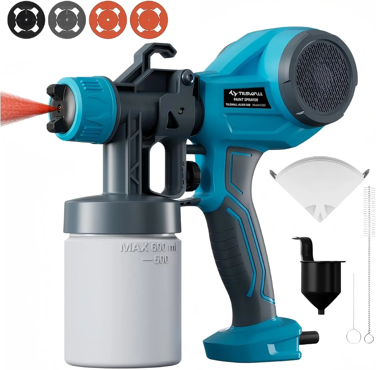 TILSWALL Alien500 Handheld Electric Paint Sprayer, Portable High-Pressure Multi-Nozzle Power Tool with 360° Rotating Tip for Home & Garden, Oil/Water-Based Paint Compatible, W/ Nozzles, Filter Paper, Accessories & Capacity Container, Handheld Paint Spraye