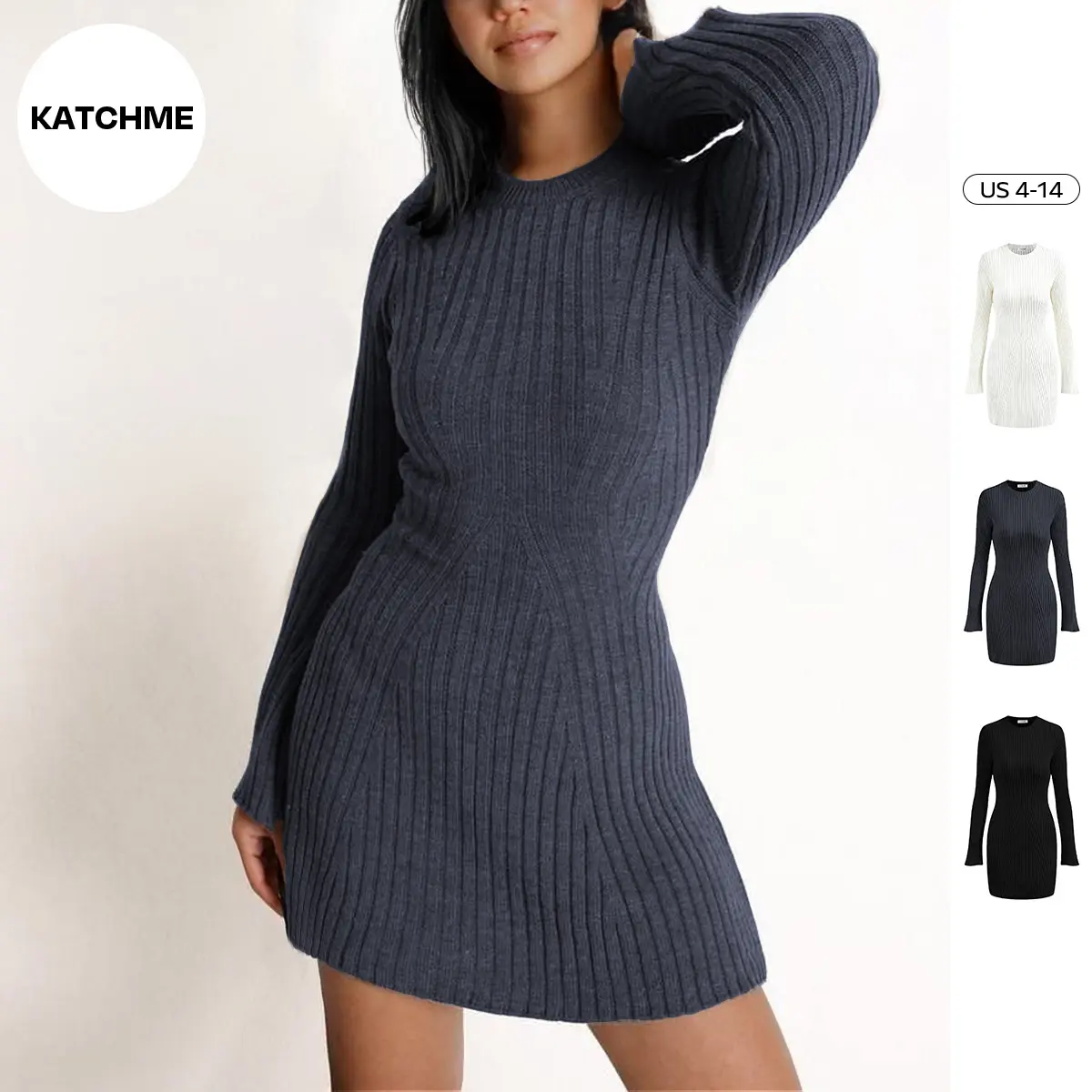 KatchMe Women's Versatile Knit Crew Neck Cuff Slit Rib Long Sleeve Slim Sweater Dress(US4-14),Basic Casual Knitwear for Lady,Slim-Fitting Womenswear