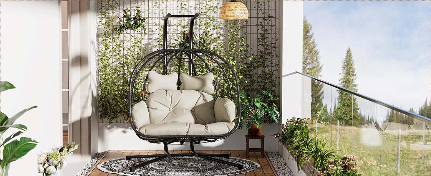 [Mother's Day gift] RIWENGO Double Hanging Egg Chair with Cushion, 700lbs Capacity - Foldable Patio Chair with Handwoven PE Wicker & Rust-Proof Frame, for Garden, Porch, Backyard Soft Lounge Swing Summervibes