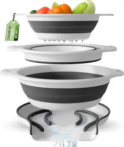 3 Pack Collapsible Colander Set – Foldable Kitchen Strainer for Pasta, Fruits & Vegetables with Over Sink Draining Base (3QT, 4QT, 5QT)