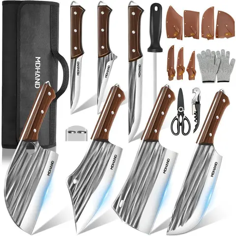 【Black Friday】 14-Piece Type A Forged High Carbon Stainless Steel Kitchen Knife Set with Non-Slip Wood Handles, Kitchenware, Meat Bone Cleaver, Boning Utility Knives, Finger Guard, Gloves, Bottle Opener, Roll-Bag Carry, Great Gift for Home Kitchen Use