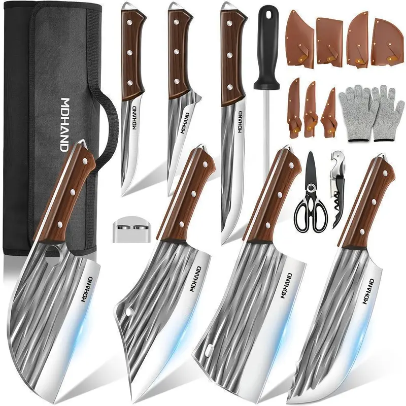 【Black Friday】 14-Piece Type A Forged High Carbon Stainless Steel Kitchen Knife Set with Non-Slip Wood Handles, Kitchenware, Meat Bone Cleaver, Boning Utility Knives, Finger Guard, Gloves, Bottle Opener, Roll-Bag Carry, Great Gift for Home Kitchen Use