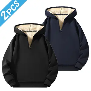 Men’s 2-Pack Half-Zip Hooded Fleece Sweatshirts, Winter Thickened Warm Pullovers, American Casual Loose Tops