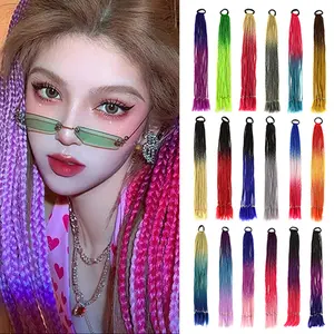 Colored Braids Hair Extensions With Rubber Bands Rainbow Braided Synthetic HairpiecesPonytail Hair Accessories False For Girls Hair Hairpieces In The Party Cosplay