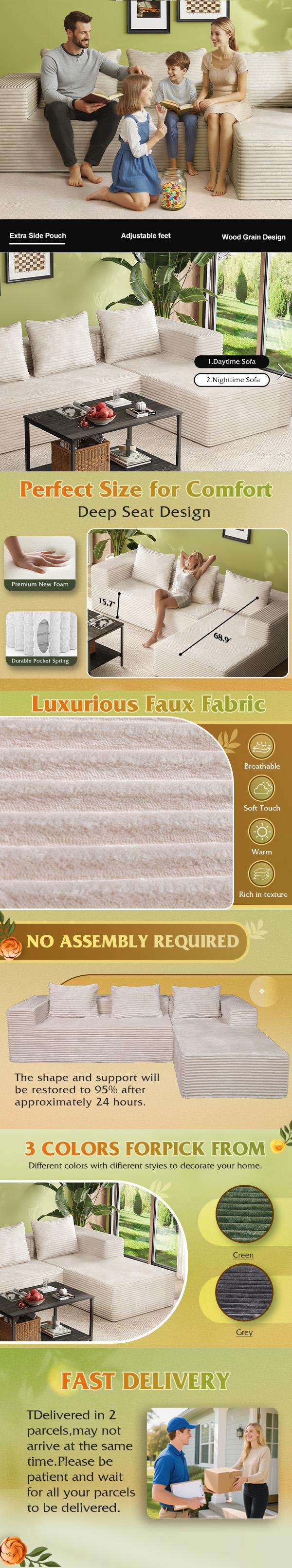 【2 Packages Shipped】WLIVE Cloud Sectional Couches for Living Room, Modular Boneless Couch with Left Facing Chaise, L Shape Memory Foam Corduroy, with Cushion