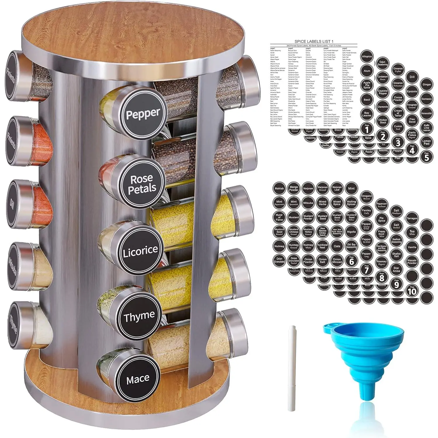 summerwins New England Stories 20-Jar Stainless Steel Smooth Canister Rotatable Spice Rack - Durable Space-Saving Countertop Spice Shelf, Rotates 360° Multilayer Storage Organization Unit with 386 Labels for Kitchen Pantry Home Supplies