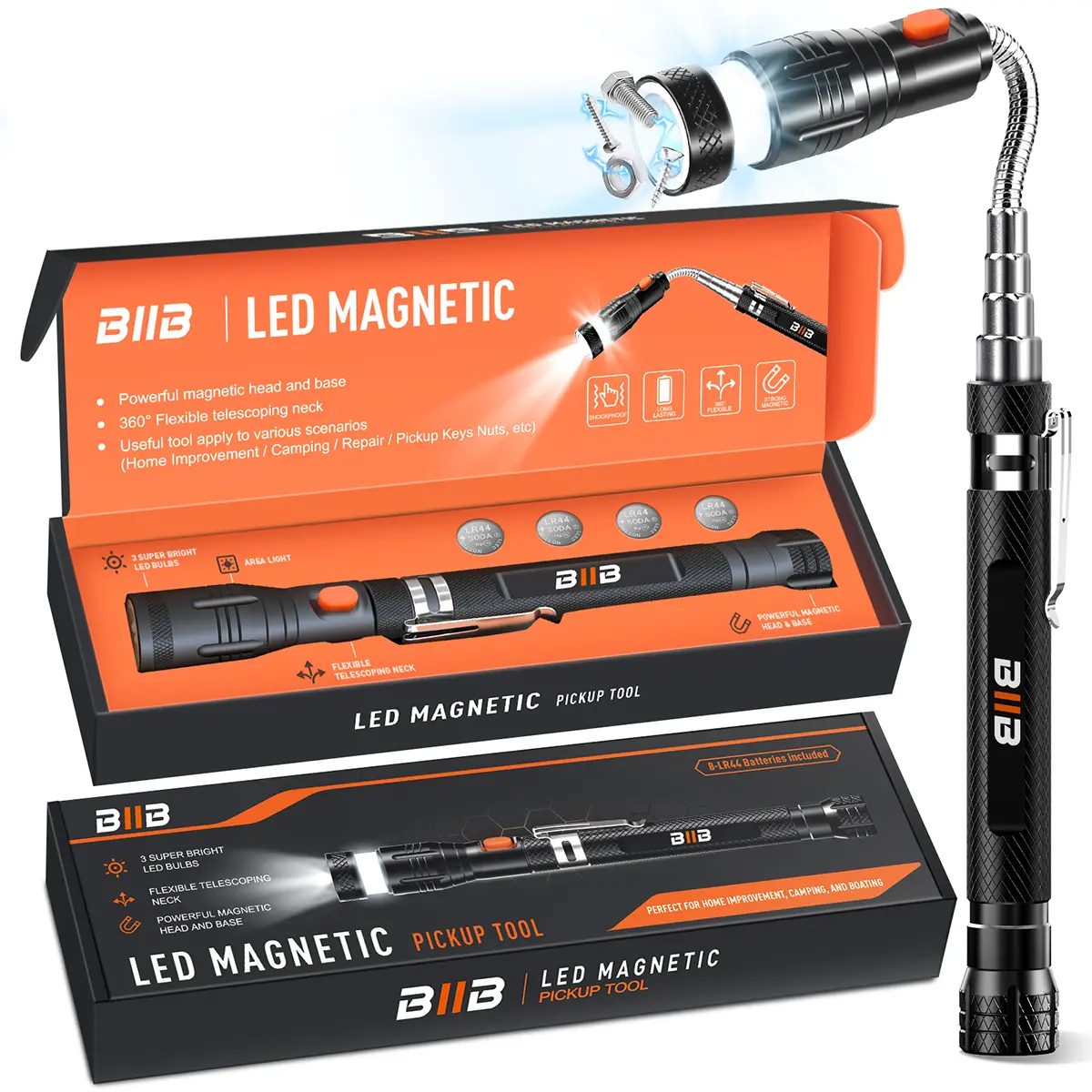 BIIB Gifts for Men, Extendable Magnetic Pickup Tools - Telescoping Magnet with LED Flashlight, Anniversary Birthday Gifts for Men, Mens Gifts for Him Dad Husband, Stocking Stuffers for Mens Adults