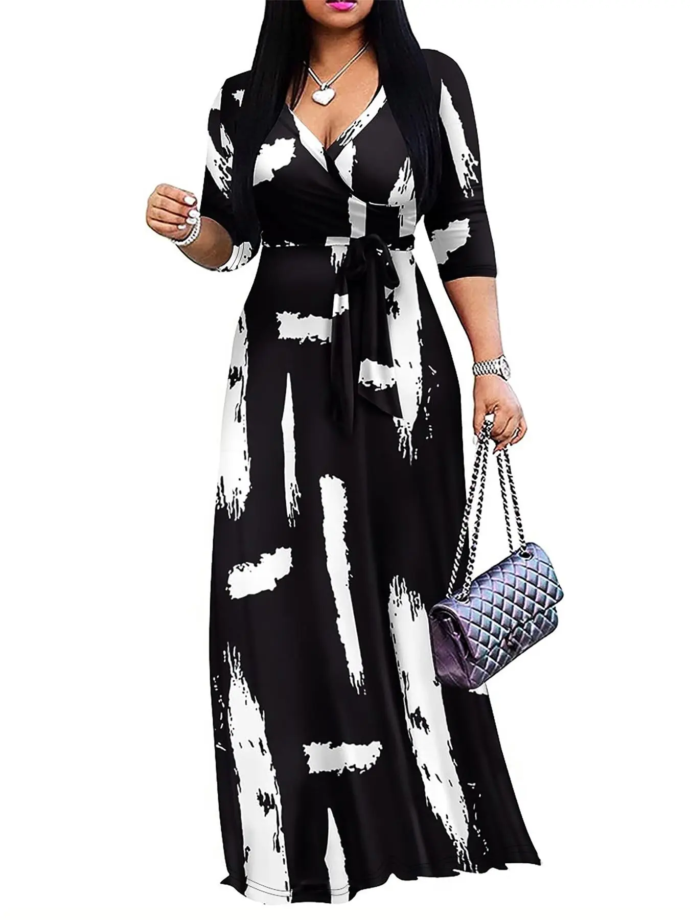 Elegant Feminine All Over Print V-Neck Dress with Belt, Fitted Three Quarter Sleeve Long Dress, Elegant Fashion Dress, Perfect for Parties, Holidays, Graduation and Cocktail Events