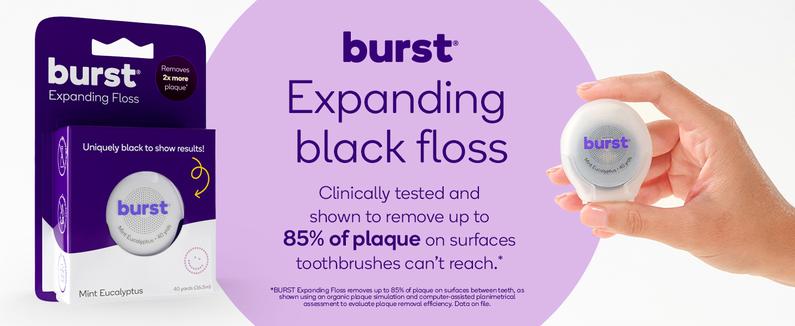 BURST Expanding Dental Floss - Black Expanding,Stain-Absorbing, Woven Floss, Vegan, Paraben Free, Mint Eucalyptus, Removes Plaque