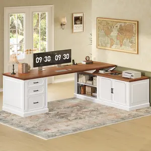 SEDETA 70.9 Inch Farmhouse L Shaped Desk with Drawers Home Office Desk with Storage Cabinet and Storage Shelves L Shaped Computer Desk with Power Outlet