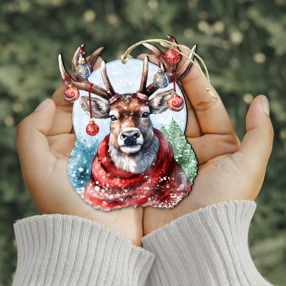 Designocracy 8611034 Handmade Woody Vintage Christmas Wooden Ornaments, 5x5.5x0.25 in Festive Home Decor, Ideal Holiday Gift with Gift Bag