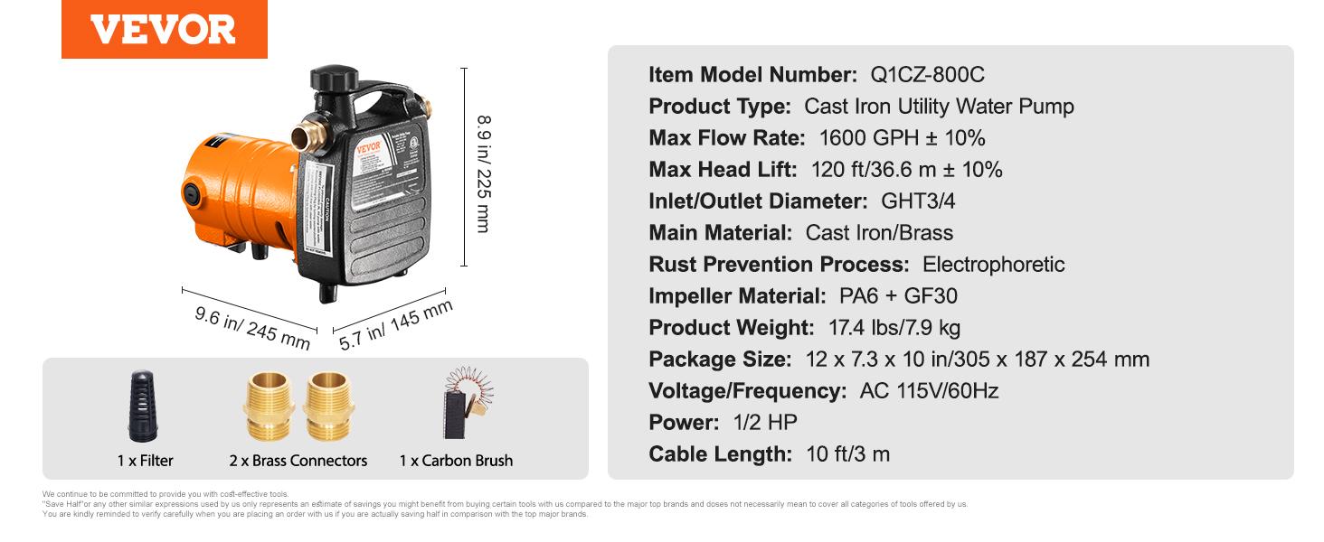 VEVOR Cast Iron Water Transfer Pump, 115V AC 1600 GPH 1/2HP, Portable Electric Utility Pump with Carbon Brush, Filter, Brass Connectors, for Garden, Rain Barrel, Pool, Pond, Hot Tub, Aquarium Draining