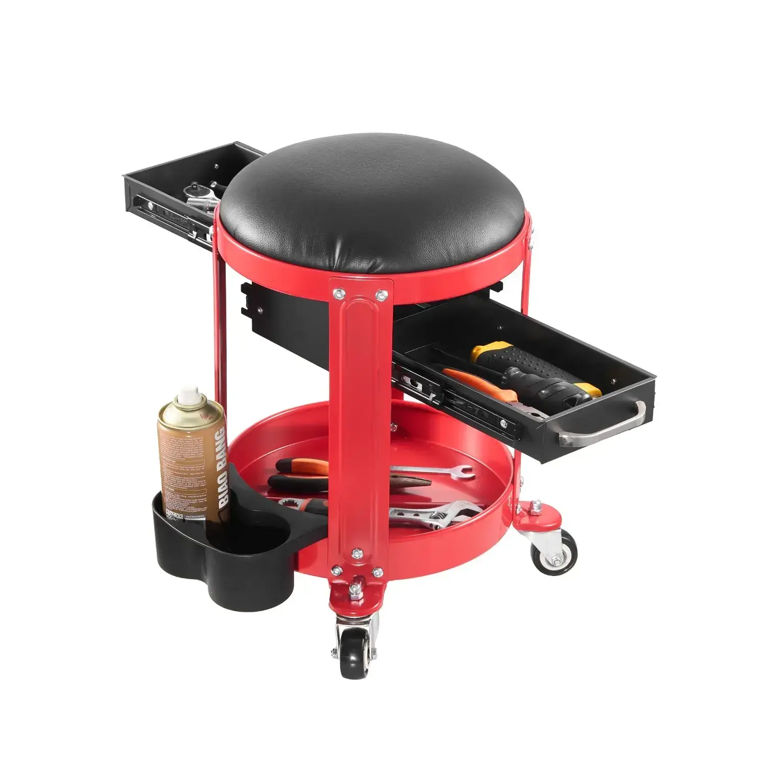 300LBS Rolling Mechanic Stool with Wheels, Fixed Height Padded Garage Work Stool, Waterproof Oil-Resistant PU Leather Roller Creeper Seat with 2 Drawers, Tool Tray & Can Holders, for Garage, Shop & Auto Repair